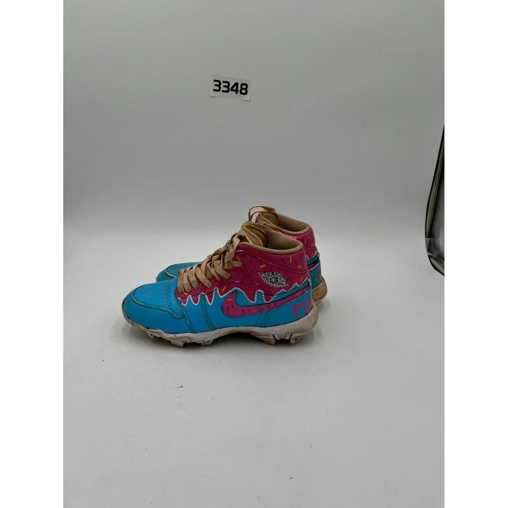 Nike Air Jordan 1 Mid Football Cleats Youth Kids 6Y Blue Pink Round Toe Lace Up